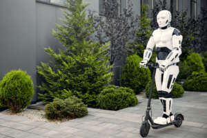 AI Robot acting alive riding scooter